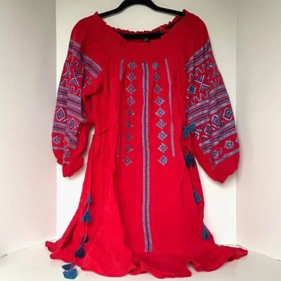 Anthropologie Off Shoulder Embroidered Boho Dress Small Red Cotton Summer Tassel - Picture 1 of 10